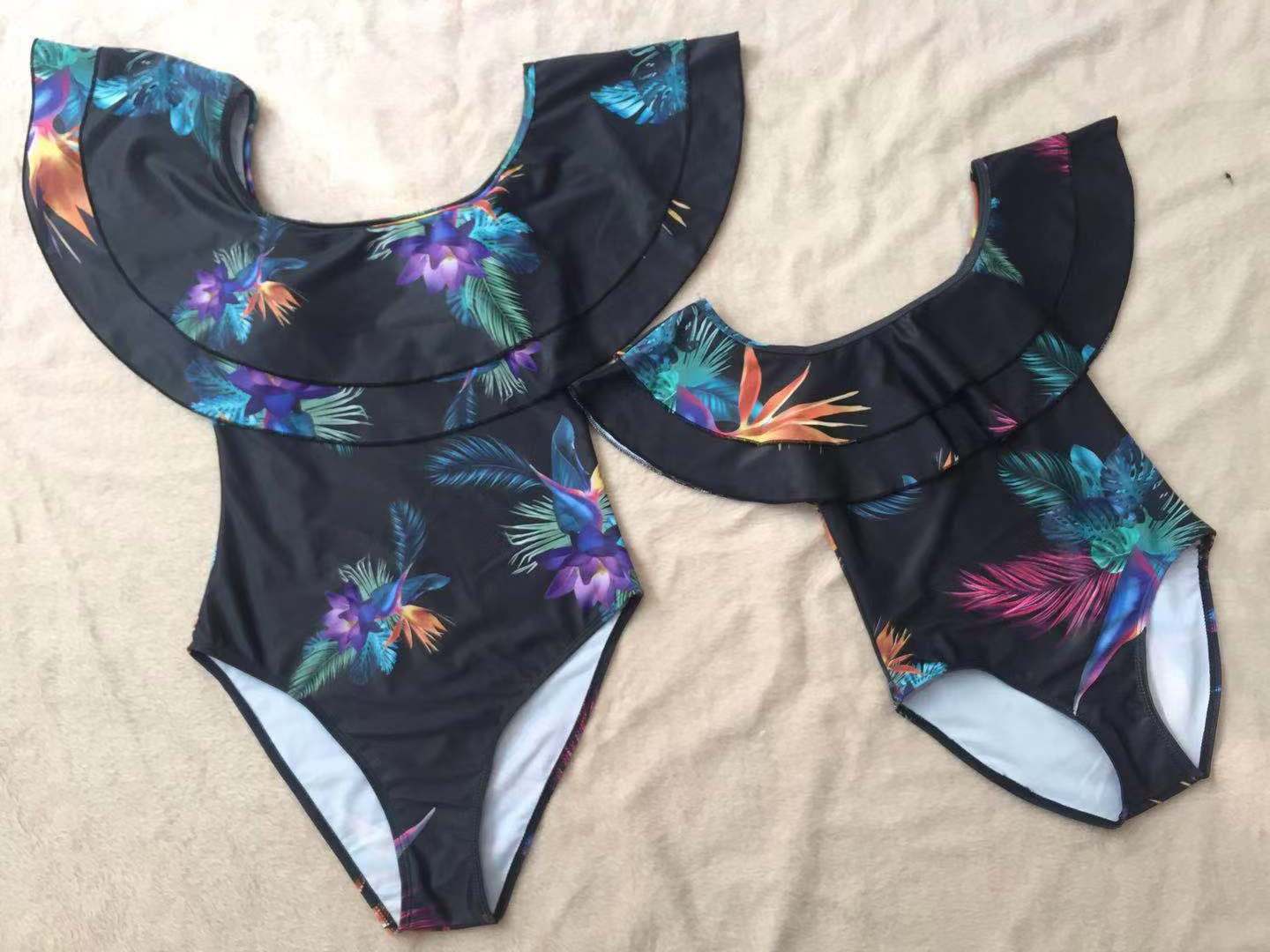 Wholesale Solid Color Ruffled Polyester Parent-Child Swimwear